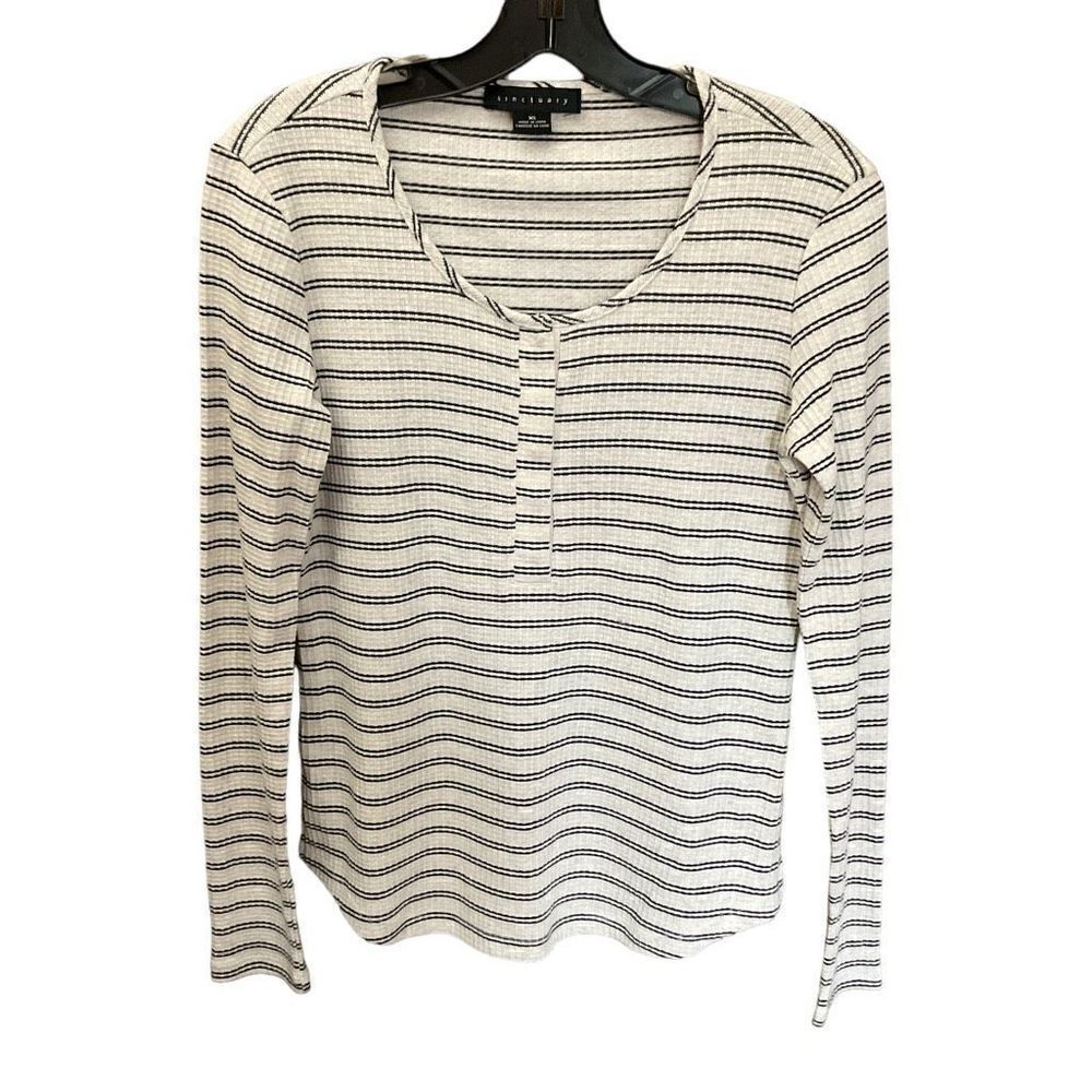 Sanctuary Top Henley Style Scoop Neck Snap Front Black White Stripe Women XS